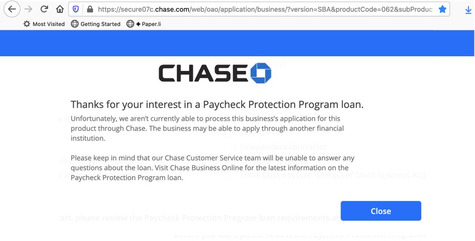 1parkplace's tweet photo. @stevenmnuchin1 @SBAgov Been a 15+ year business banking customer of @Chase.  Got a cold denial.  I'm not hearing anyone having success with @ChaseSupport  

Absolutely horrible experience with #PaycheckProtectionProgram https://t.co/ZORpHfixCO