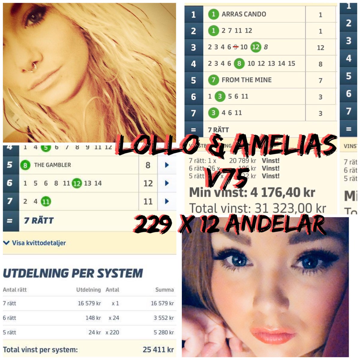 Idag på v86 blev de sex rätt men imorgon då ska 7:an sitta , jag och Amelia lägger V75 tillsammans under spring race , vi har båda många fina vinster bakom oss och vi kommer göra allt för att sätta full pott imorgon , 229:- x 12 andelar tillsammans.atg.se/utloggad/lagsi…?