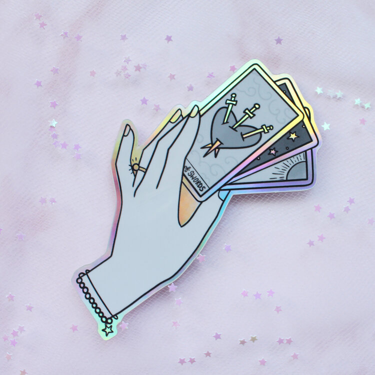 ✩ tarot reader holographic sticker ✩ (weatherproof!) https://www.laceandwhimsy.com/the-sticker-shop/tarot-reader