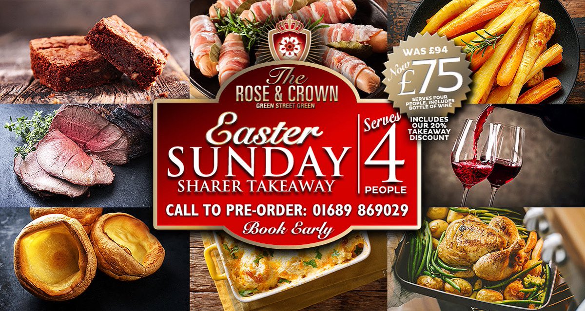 It's #EasterSunday this weekend and we have added to our #takeaway menu a fantastic meal for 4. Whole Free-Range Chicken, slices of Roast British Sirloin of Aged Beef, 3 hour slow cooked Kent Lamb with all the trimmings, Buttered Mixed Seasonal Veggies, Cauliflower Cheese, Roast.