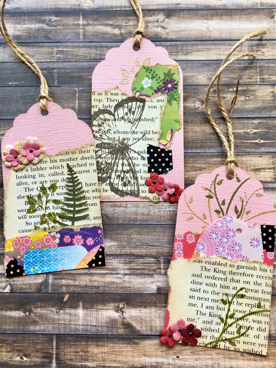 Papercutsnsuch's tweet image. Finished up a few journal tags. I didn’t know how well the yuzen papers and the old book pages would mesh but they worked out great! #ephemera #journaltags #paperaddict