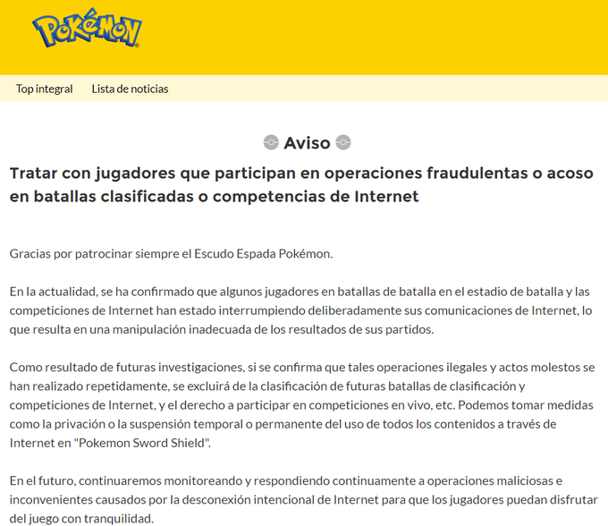Aviso Online Pokémon Espada y Escudo