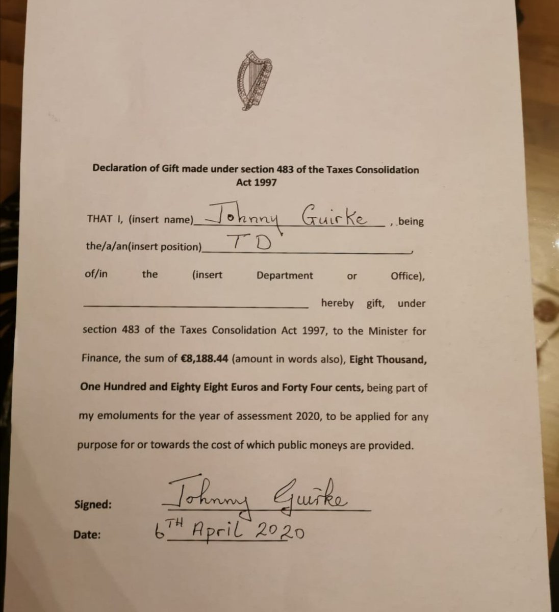 I have returned the Full FEMPI pay restoration increase of €8188.44 to the exchequer as people have lost their jobs during this Covid-19 Pandemic, I cant accept pay a increase when funds could be used to improve other services.