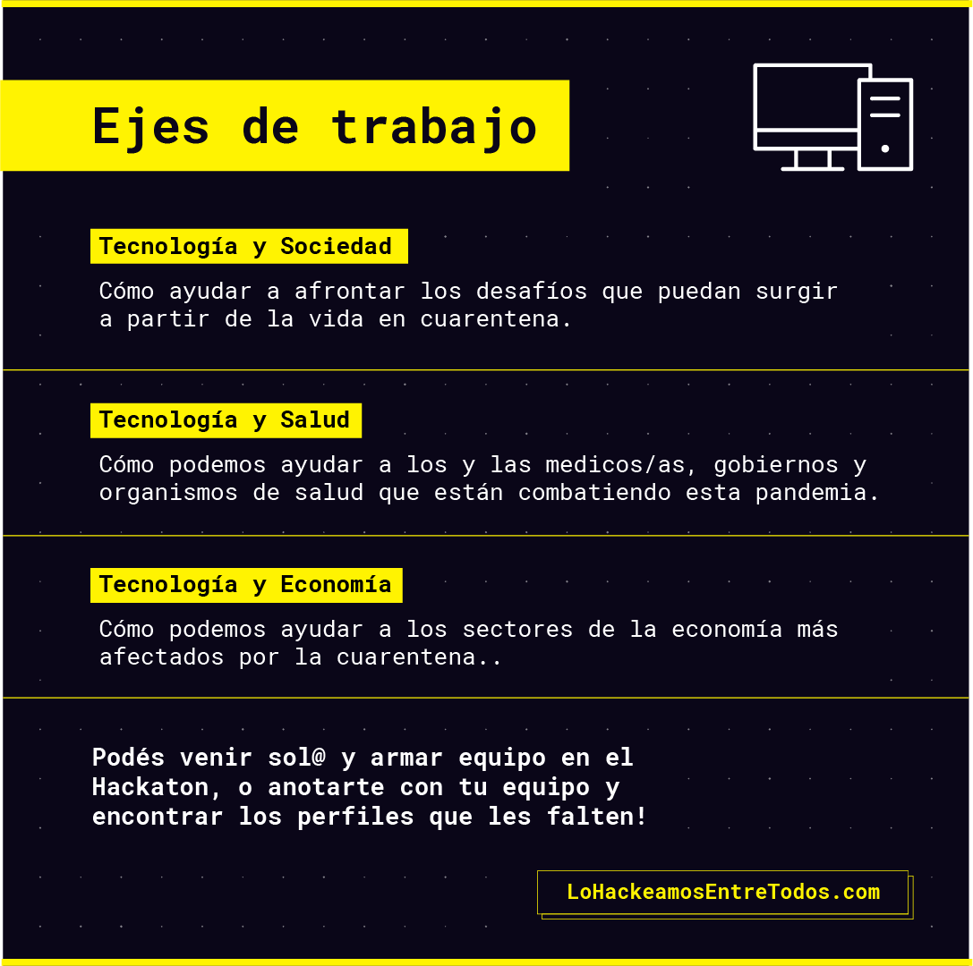 Desde el viernes 10 al domingo 12 se viene la 3° edición de #LoHackeamosEntreTodos, el hackaton online donde  participantes  de distintas disciplinas se reúnen para crear soluciones colaborativas para el #COVID19 

📝Inscribite en lohackeamosentretodos.com