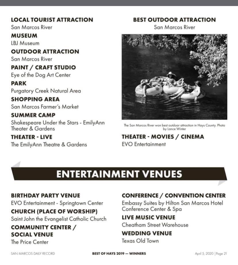 Thank you, Wimberley and all of Hays County!! We’re honored to be awarded Best Live Theatre and Best Summer Camp in Hays 2019!