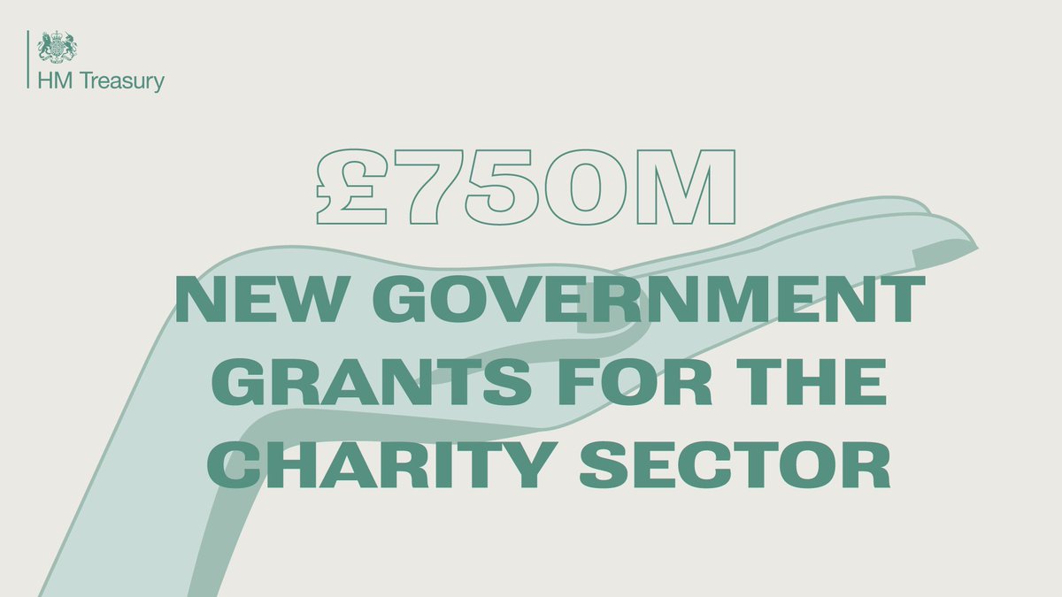 A drawing of an outstretched hand with the text: £750 million new government grants for the charity sector.