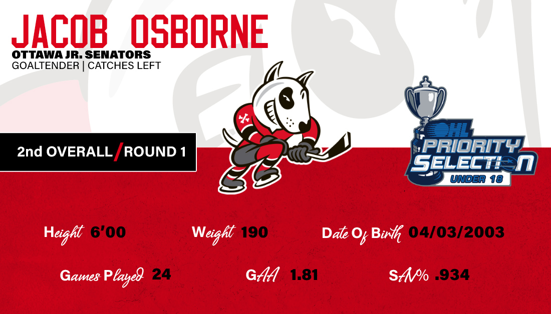 OHLIceDogs's tweet photo. With the 2nd overall pick in the 2020 #OHLU18Draft, we've selected Jacob Osborne, from the @JrSenatorsU18!

Welcome to Niagara, Jacob ���� https://t.co/pBwJSd8MLo