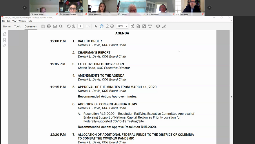 MWCOG's tweet photo. Our April COG Board of Directors virtual meeting is underway. Focus of today’s agenda: Region’s response to & updates on #COVID19. Tune in: https://t.co/pTSojNk9yY #StayHomeDMV https://t.co/zybT2imywn