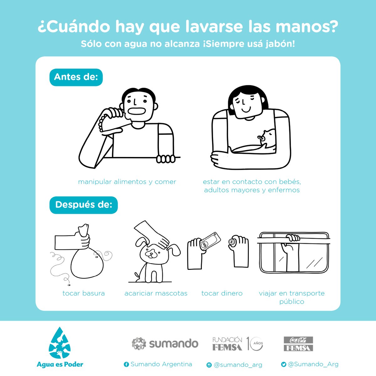 Sumando_arg's tweet photo. Lo mejor es mantener tus manos siempre limpias para cuidarte a vos y a quienes te rodean. La suciedad se ve pero las bacterias no, por eso hay que lavarse con agua y jabón para asegurarse de eliminar todo. 
¡Nos cuidamos entre todes!
#AguaEsPoder #coronavirus #MeQuedoEnCasa https://t.co/6k402MqvxY