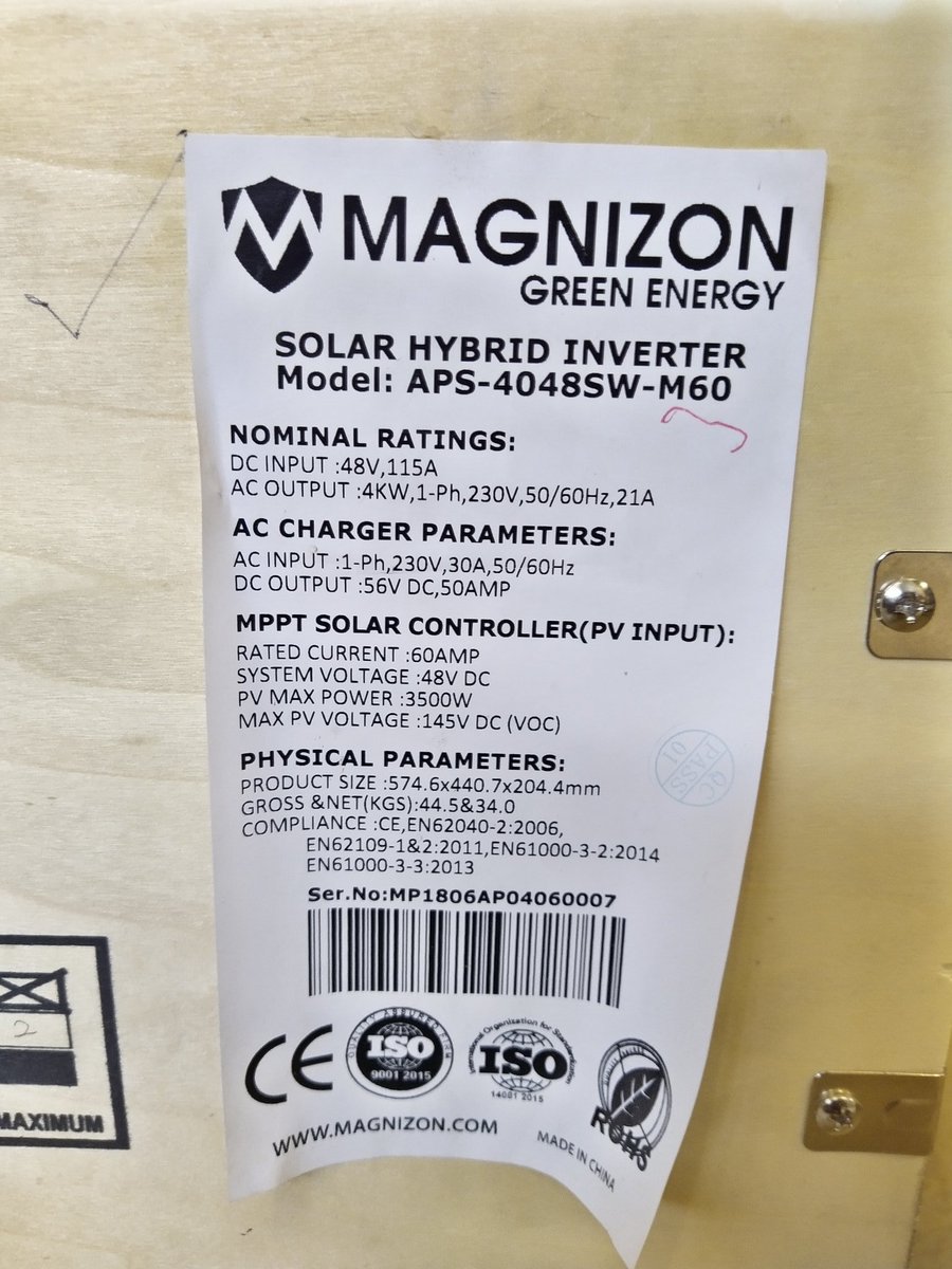 Just received another toy for me to play around with! A slight difference to the 1kVA model; Has both AC In and Output breakers inbuilt). Separately I have a 175A Battery Breaker. Already made recommendations to Magnizon to have the battery breaker inbuilt for ease of monitoring