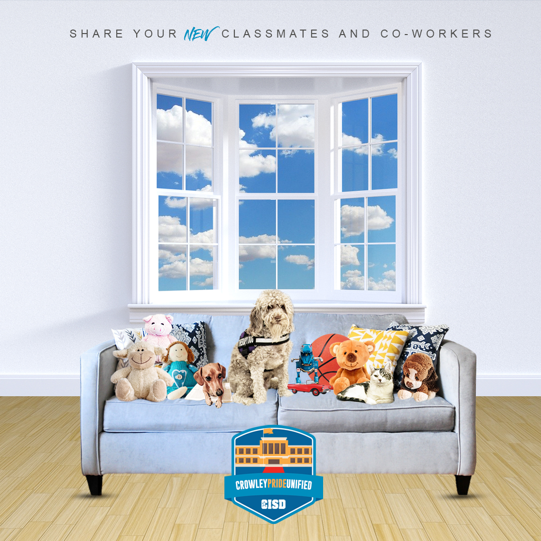 We can't wait to see some of your new classmates and co-workers that are by your side during distance learning. Share pictures with your favorite pet or toy by using the hashtag #CrowleyAtHome.