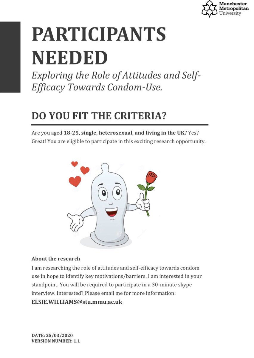 Elsie_Williams_'s tweet photo. I am recruiting young, single, heterosexual adults who are living in the UK for my MSc research dissertation. I would love to learn about your attitudes and self-efficacy towards condom-use🍆 your participation would be invaluable. Thank you in advance☺️ https://t.co/9Jw3AHv06b