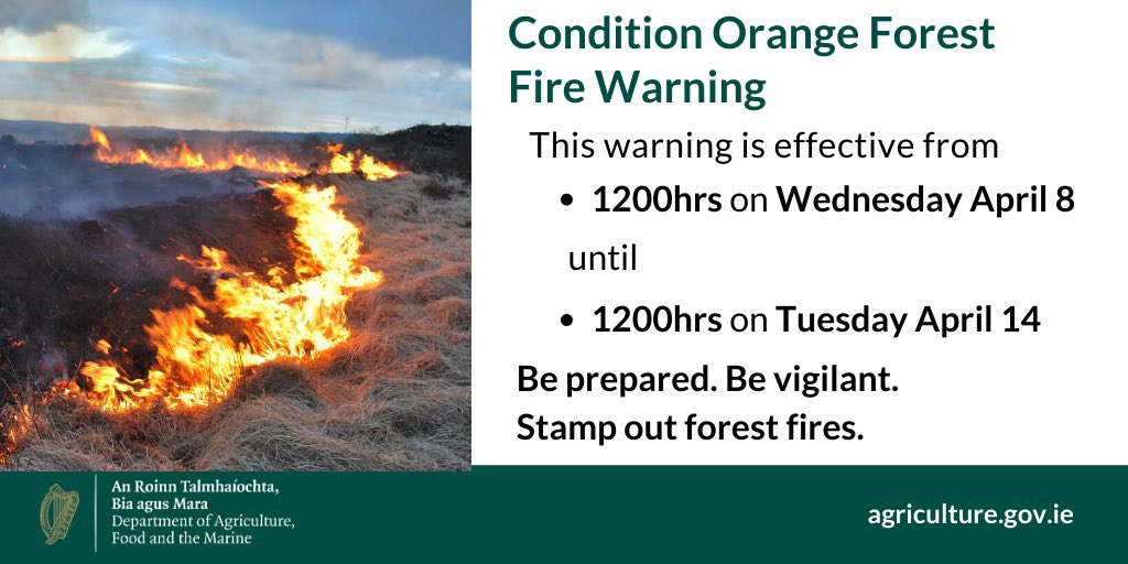agriculture_ie's tweet image. Arising from current dry conditions associated with an Atlantic high pressure, we have issued an Orange Fire warning for all areas where hazardous fuels such as dead grasses and gorse exist ⚠️⚠️

Warning in place until Tuesday April 14 🗓️

📍Full Info agriculture.gov.ie/forestservice/…
