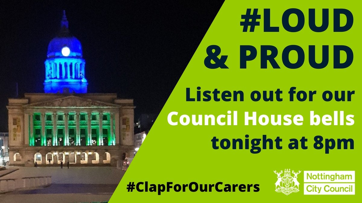 MyNottingham's tweet image. The bells of our Council House will ring out #LoudAndProud at 8pm tonight as we #ClapForOurCarers 👏

Little John will chime for all the amazing people working to help others over the Easter weekend.

Remember to tell us the furthest away you heard the bells!

#NottinghamTogether
