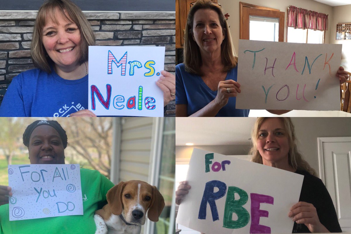 ShawnaMSchulte's tweet photo. Showing our appreciation for our Amazing Assistant Principal, Morgan Neale while maintaining our social distancing!! @mltneale 
#RBEathome #StayHome https://t.co/r5MquyfxtS