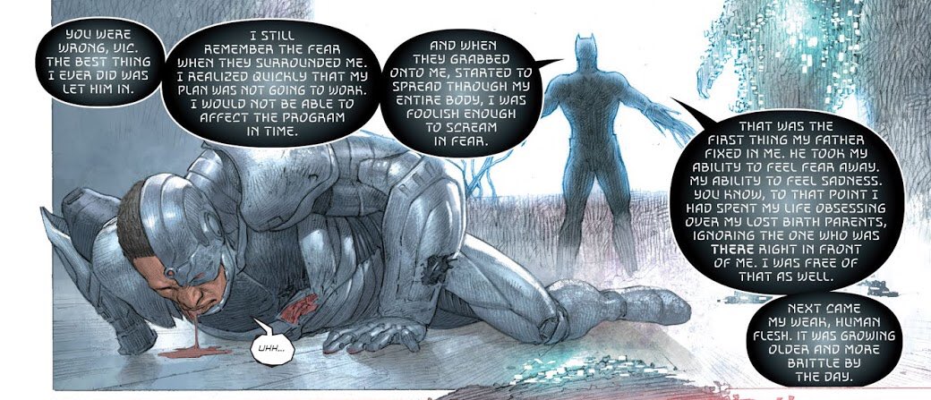 he scanned alfred’s brain and asked victor to help him build an A.I version of Alfred. so victor agreed and helped him. but turns out A.I. Alfred took the word “help” way too far. he killed every Gotham’s villain and made a “better” version of bruce. made him become a machine