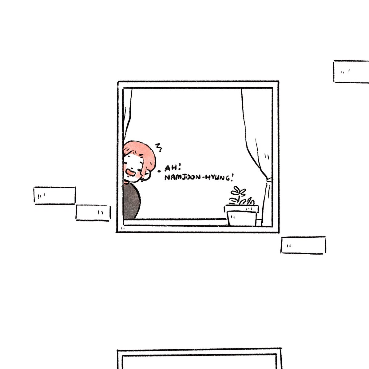 Jimin has spare eggs that he’s more than happy to share with Joon and although both buildings aren’t very far apart from each other, it’ll still take a fair bit of stretching out the window to be able to reach for anything.