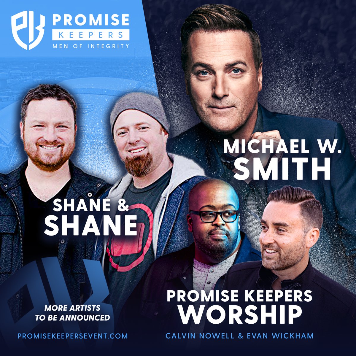 Your first wave of worship for #PK2020 is officially out! <a href="/michaelwsmith/">Michael W. Smith</a>, <a href="/shaneandshane/">Shane & Shane</a> and Promise Keepers Worship ft. <a href="/calvinnowell/">Calvin Nowell</a> and <a href="/evanwickham/">Evan Wickham</a>!

Join 80,000 men at <a href="/ATTStadium/">AT&T Stadium</a> on July 31 - Aug. 1, 2020. Purchase you tickets today at promisekeepersevent.com