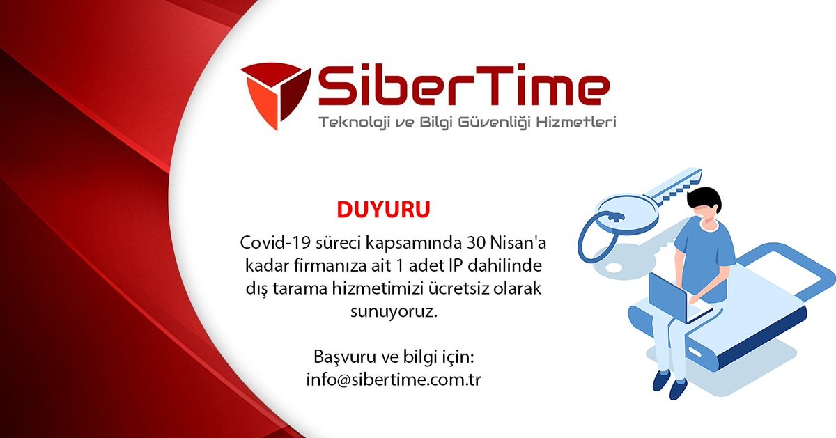 sibertime's tweet photo. Covid-19 süreci kapsamında 30 Nisan'a kadar firmanıza ait 1 adet IP dahilinde dış tarama hizmetimizi ücretsiz olarak sunmaktayız.

Başvuru ve bilgi için: info@sibertime.com.tr https://t.co/CsHOkYGMZK