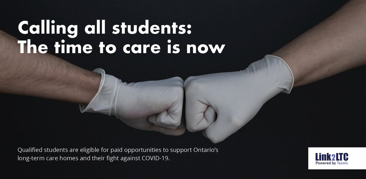 Please SHARE: Ontario’s health students are uniquely qualified to support long-term care homes and benefit from paid opportunities. Together, we can fight #COVID19 and rally around our seniors. 

Check out ltc.tazwiz.com today.