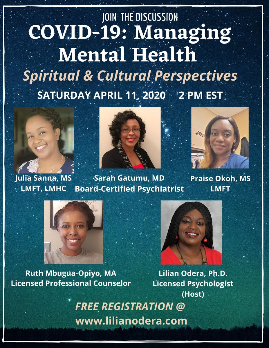 Join a discussion on managing mental health during COVID-19. Mental health experts will share effective coping strategies as well as spiritual and cultural perspectives. Saturday 4/11 at 2pm EST. The event is FREE! Register at lilianodera.com