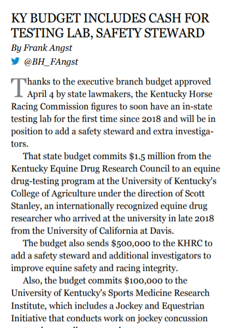 BloodHorse's tweet photo. #BHDaily Spotlight: KY Budget Includes Cash for Testing Lab, Safety Steward

"We need to take the lead on being vigilant and preventative going forward." - Sen. Damon Thayer

Read more in Wednesday's Daily: https://t.co/RUQE0IzKOl https://t.co/7uFVx2oGVv