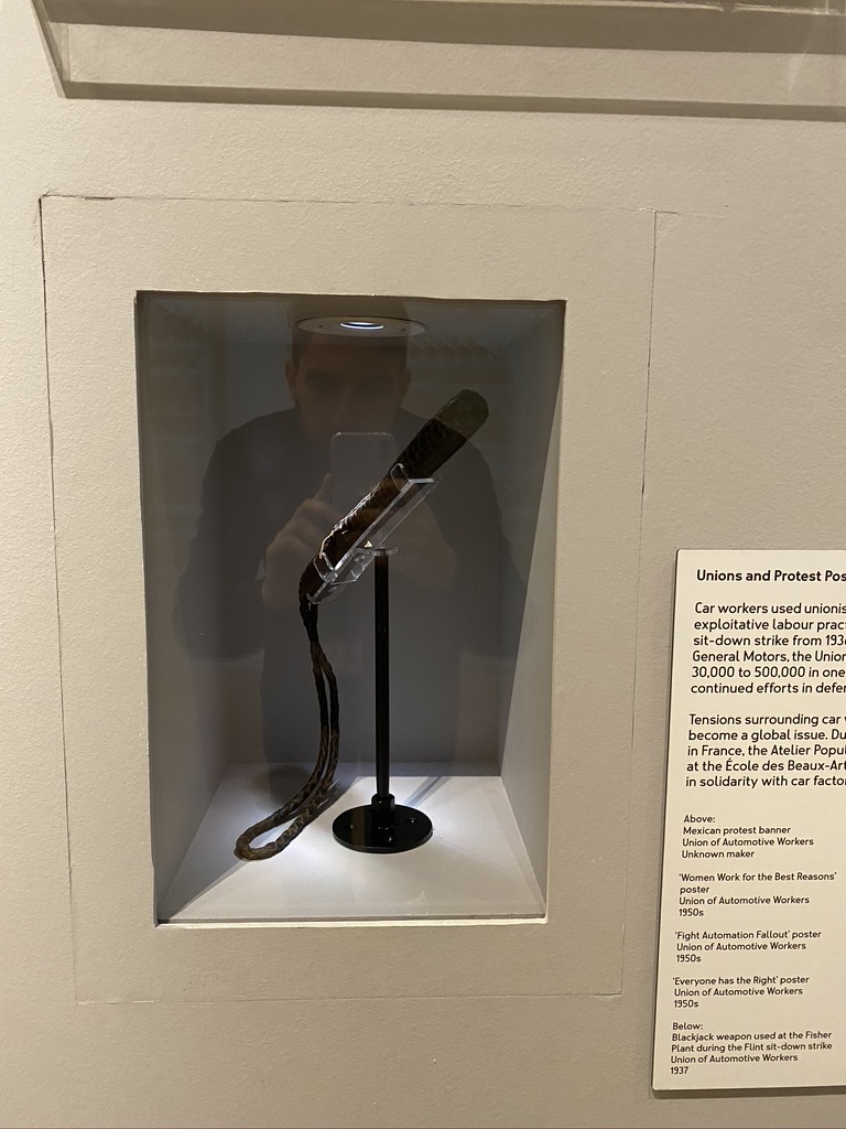 92 The fight to unionize was fierce and bloody. Here is a homemade weapon used in the Flint sit-down strike of 1937 against General Motors. The success of this strike turned the tides leading to labour representation at all the major car makers in Detroit.