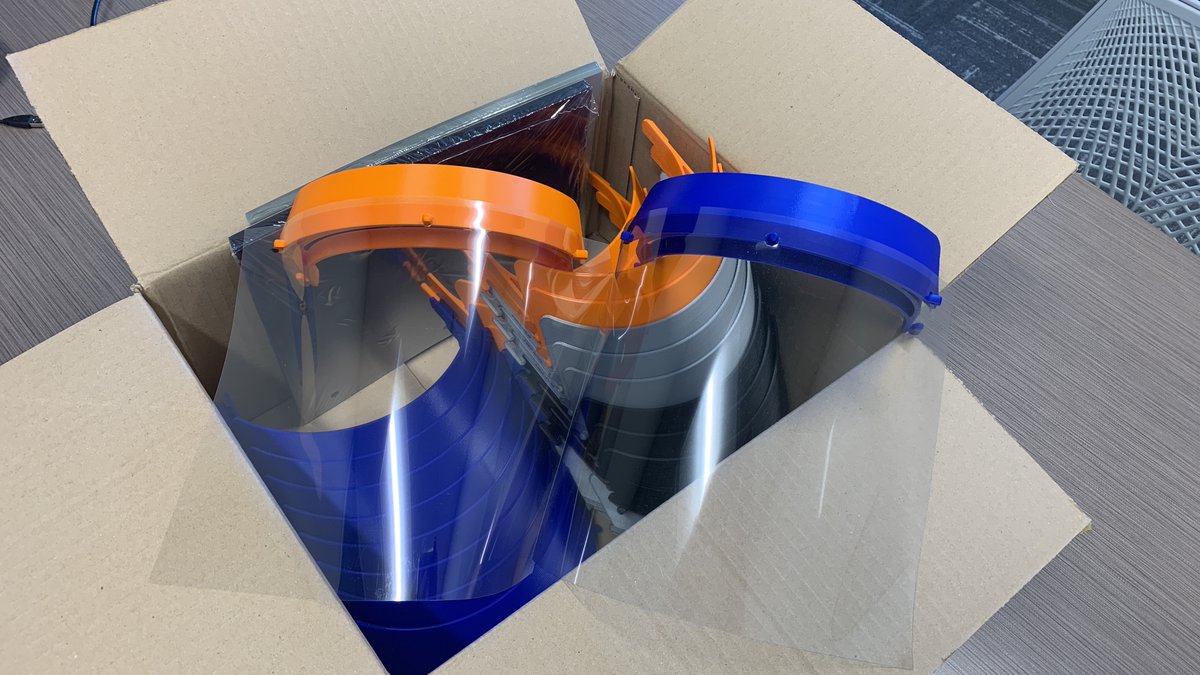 SmartCombustion's tweet photo. JZHC is currently using its 3D printers in Tulsa to print plastic headbands for medical facilities running out of PPE. The design, approved by the @NIH, is coupled with a plastic transparency and elastic to make a face shield. Together, we'll get through this. https://t.co/pqENjeswUI