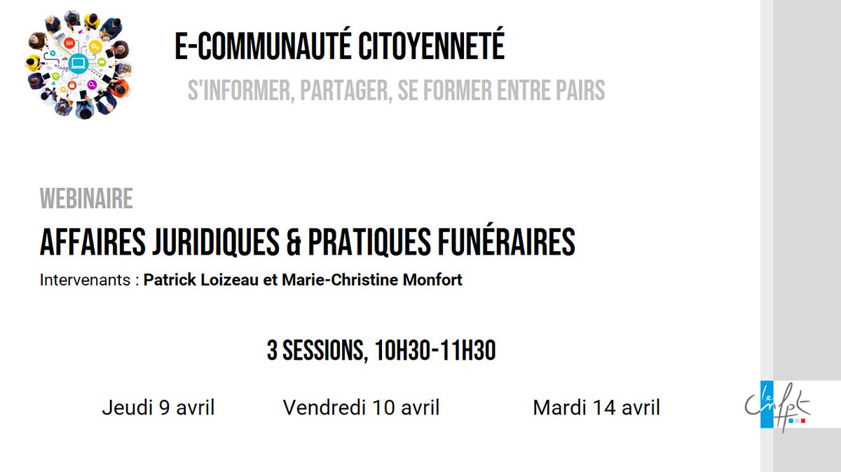 Les e-communautés du <a href="/cnfpt/">CNFPT</a> proposent un nouveau #webinaire lié à l'actualité #COVIDー19 :

➡️ Actualités juridiques et pratiques funéraires

3 sessions ▶️ 9, 10 et 14 avril (10h30 à 11h30)

Accès au webinaire : cnfpt-formation.adobeconnect.com/covid19-funera…

#Funéraire #Droit #CollTerr