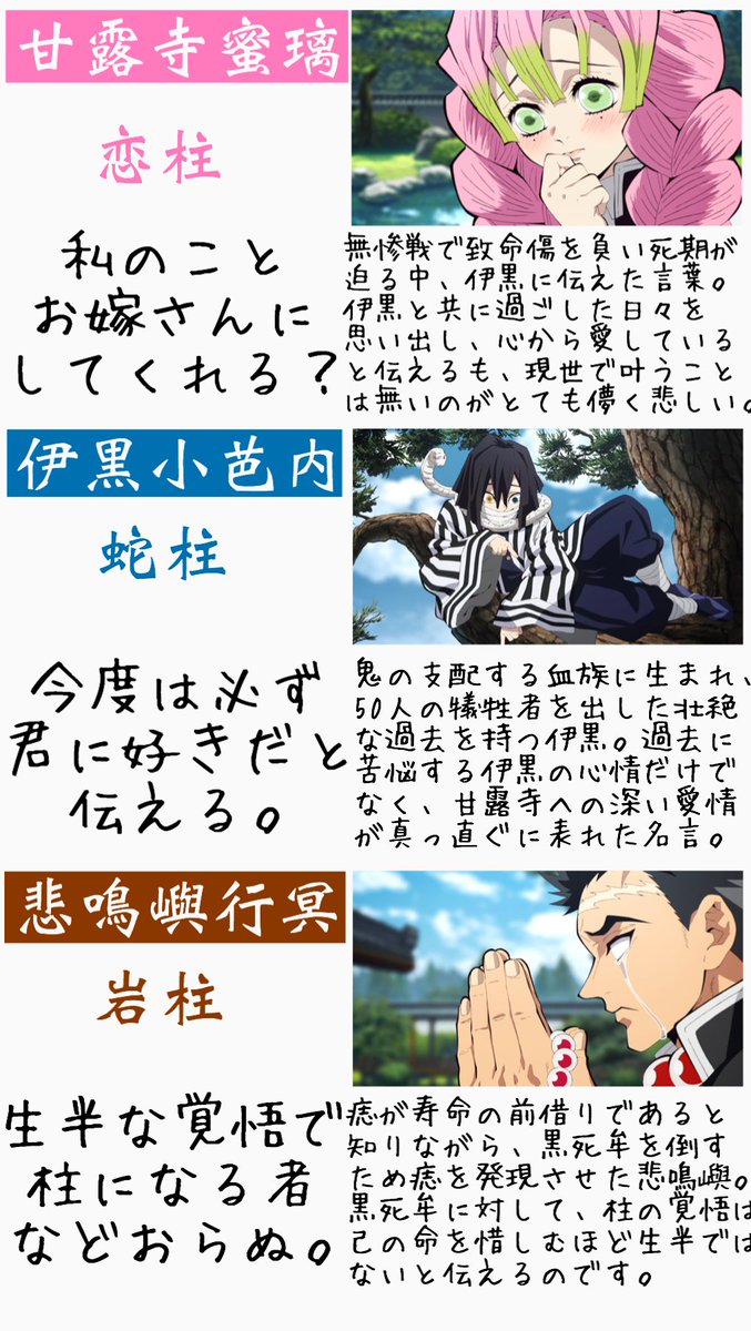 幸村 鬼滅の刃考察 A Twitter 愛する鬼滅の刃がクライマックスを迎えているので 柱たちの名言を独断と偏見でまとめてみました おばみつの 名言は何度読み返しても泣いてしまう 鬼滅の刃 鬼滅本誌