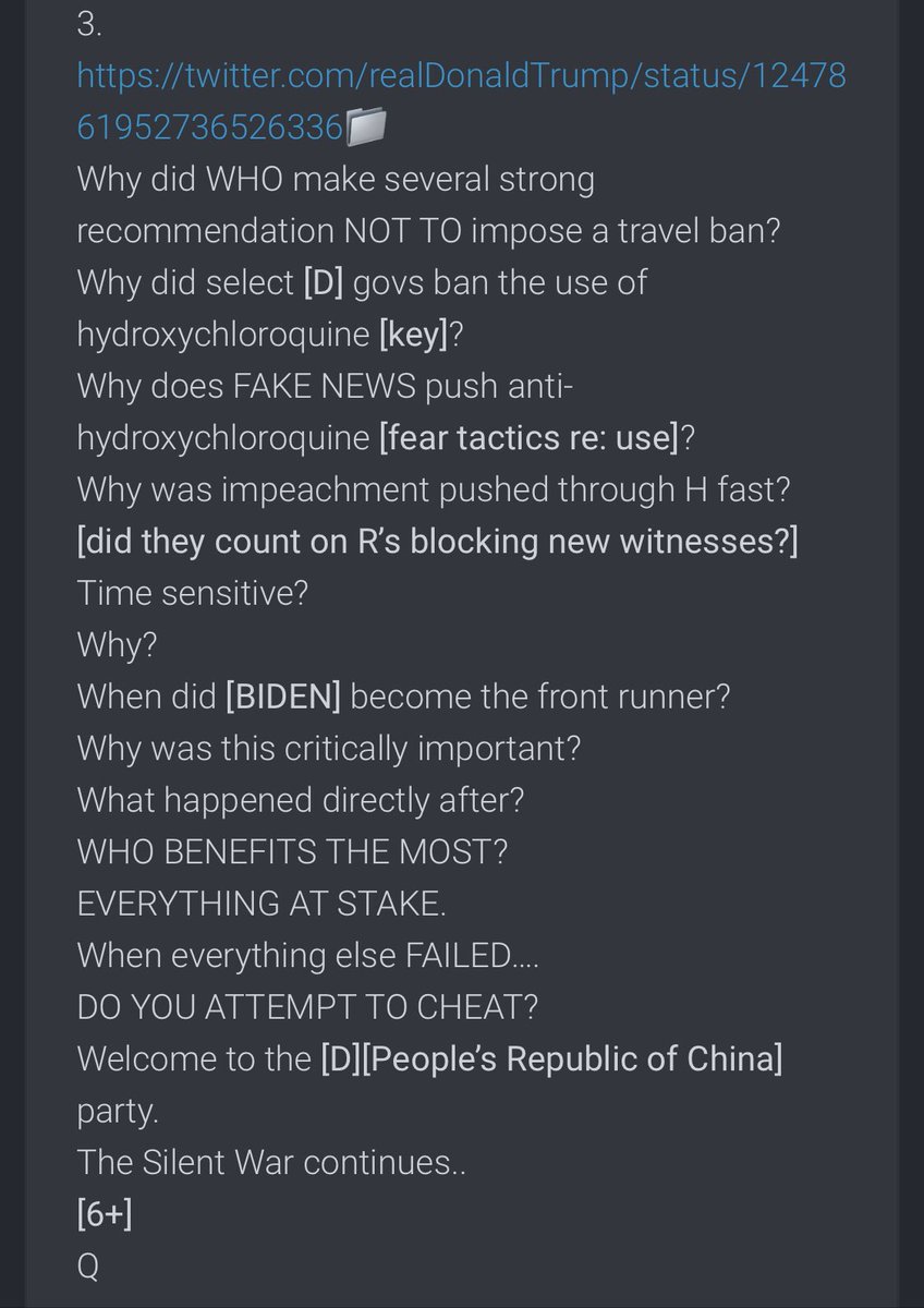 New Q 3909- WHO BENEFITS THE MOST?EVERYTHING AT STAKE.When everything else FAILED….DO YOU ATTEMPT TO CHEAT?Welcome to the [D][People’s Republic of China] party.The Silent War continues..[6+]Q