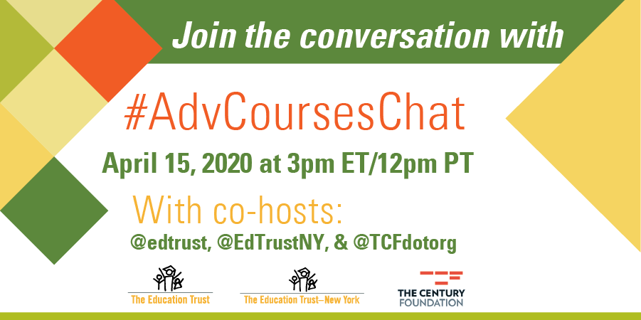EdTrust (@edtrust) on Twitter photo Mark your calendars! Join us next Wednesday (04/15) at 3pm ET/12pm PT for our #AdvCoursesChat with co-hosts <a href="/EdTrustNY/">EdTrust-New York</a> & <a href="/TCFdotorg/">The Century Foundation</a> where we will be discussing the inequities surrounding students of color & #AdvancedCoursework opportunities. Mark your calendars! Join us next Wednesday (04/15) at 3pm ET/12pm PT for our #AdvCoursesChat with co-hosts <a href="/EdTrustNY/">EdTrust-New York</a> & <a href="/TCFdotorg/">The Century Foundation</a> where we will be discussing the inequities surrounding students of color & #AdvancedCoursework opportunities.