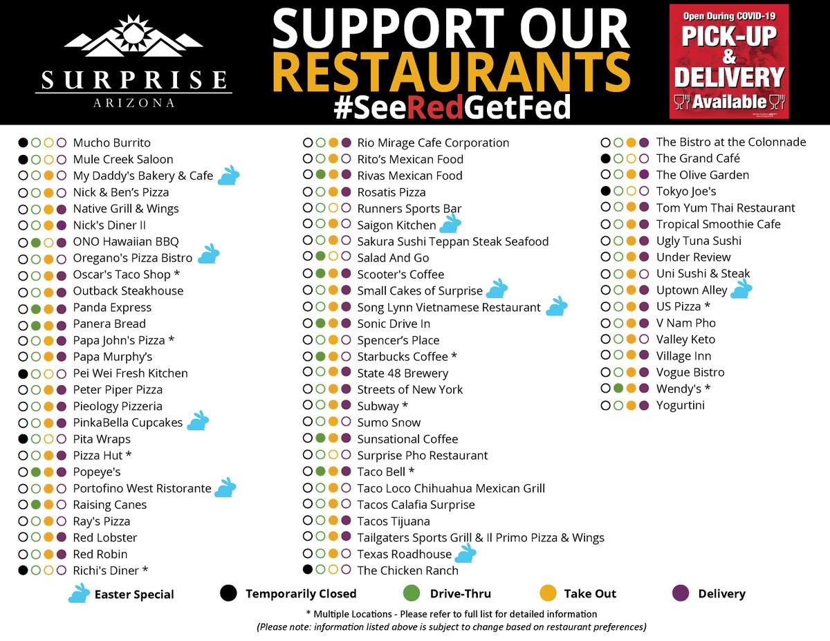 Easter is almost here &amp; these restaurants are offering Easter specials! A final Easter list will be posted Friday, if your restaurant is offering a special &amp; you don't have a bunny next to your name, email us at econdev@surpriseaz.gov by Noon on Thursday April 9th. #SeeRedGetFed