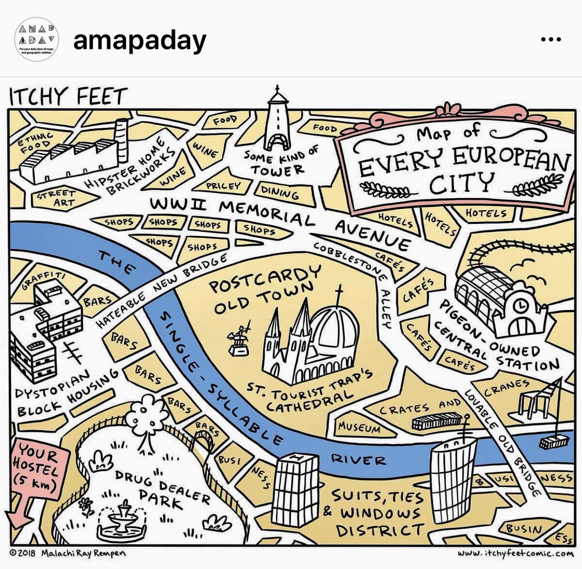 jaapmodder's tweet image. Map of every #Americancity, “monstrous highway”. Map of every #Europeancity, “pigeon-owned central station”. #mappingcities Via @instagram