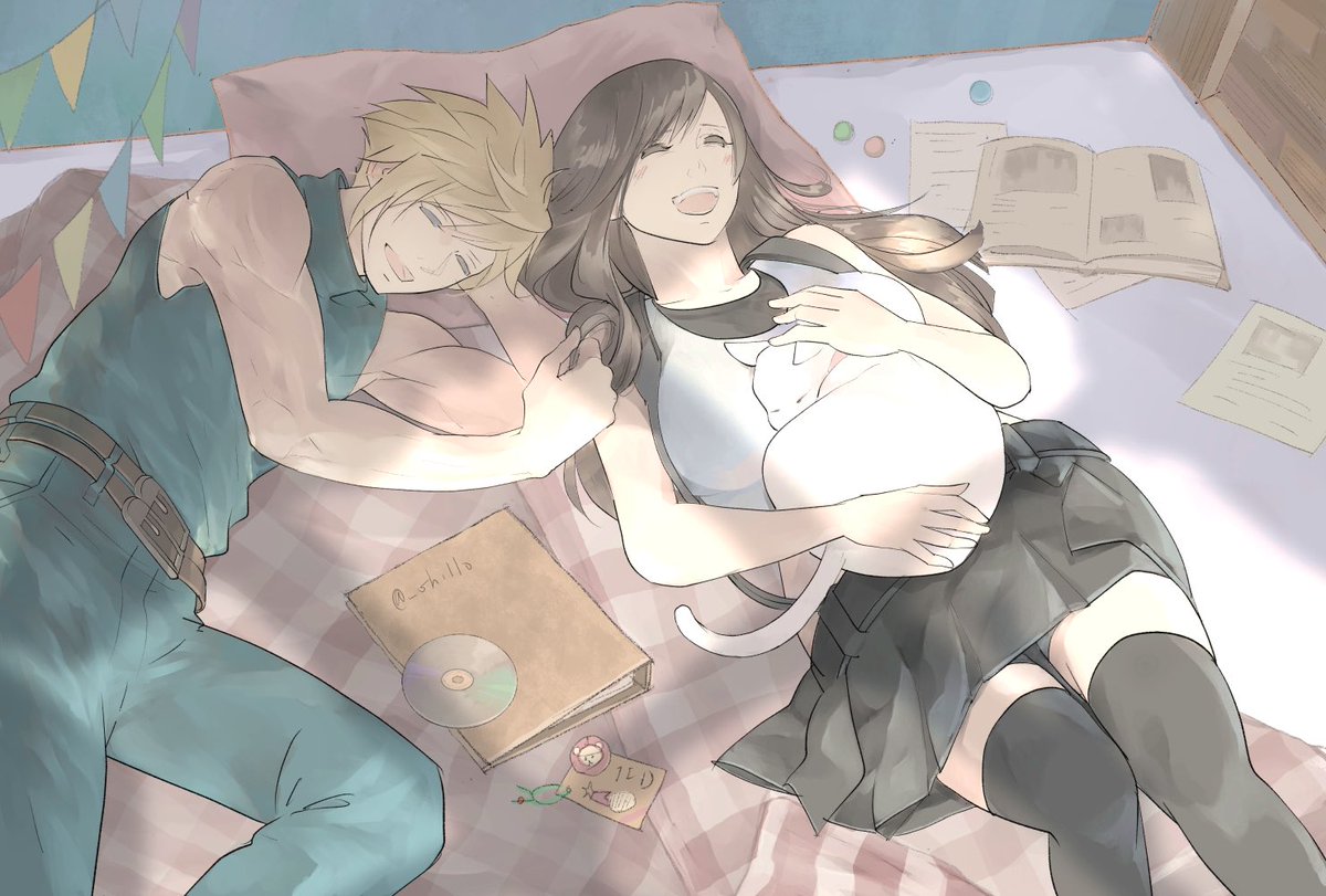 cloud strife ,tifa lockhart 1girl 1boy blonde hair thighhighs long hair cat skirt  illustration images