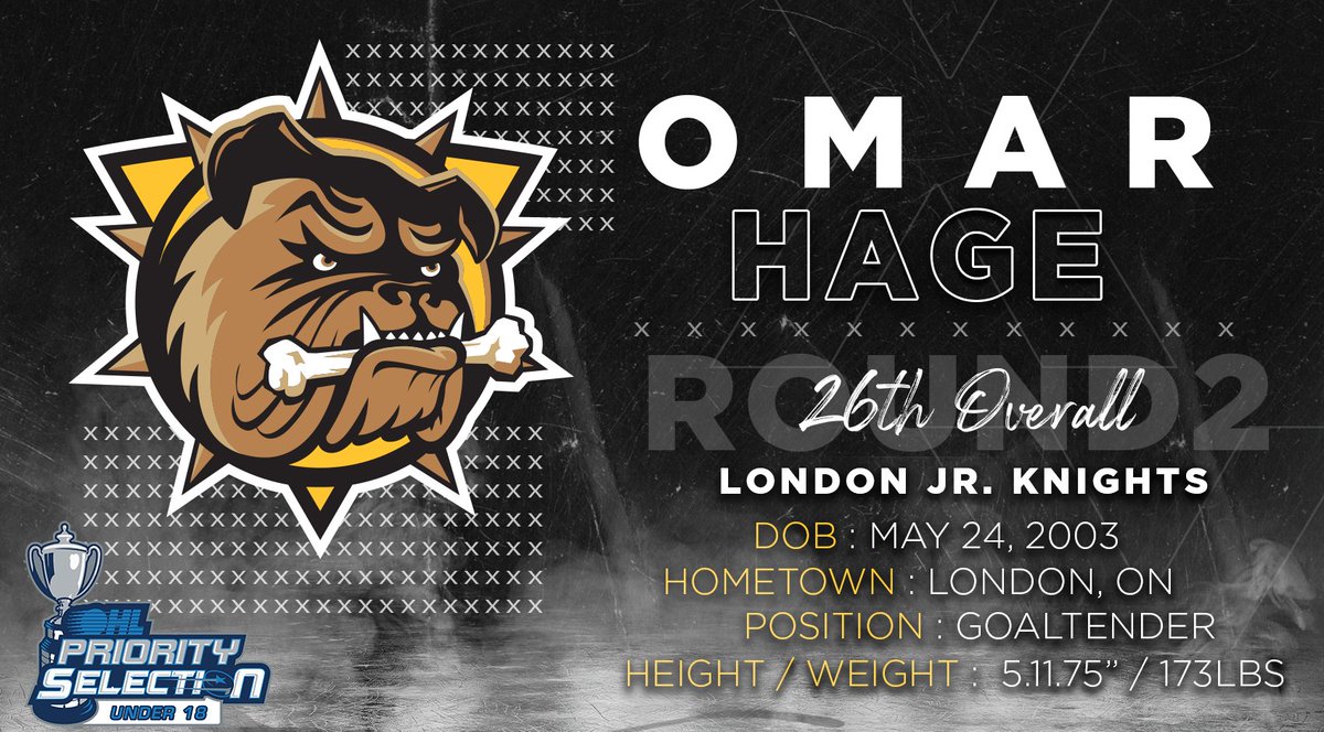 BulldogsOHL's tweet photo. With the 26th overall pick the Bulldogs have selected goaltender Omar Hage from the London Jr. Knights.

#OHLU18Draft https://t.co/3DPUqu8nEK