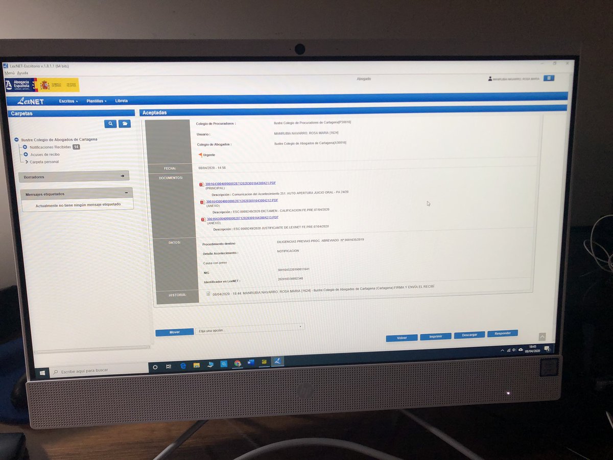 RosaManrubia's tweet photo. Aquí en LexNet, descargando un Auto de apertura de Juicio oral. Y vosotros como lleváis la tarde? #CuandoquierenPueden #ColapsoEvitable https://t.co/U4oe2PQLDi