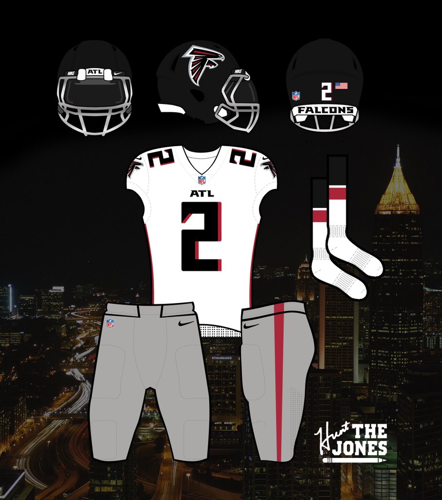 So,  @AtlantaFalcons you were only two oversized logos, a really bad gradient, and another set of pants away from nailing it.I’ll let the chrome mask grow on me, so you need grey somewhere else in the uni. How about the pants. #Falcons  #RiseUp A thread of combos coming: