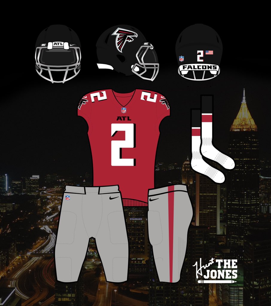 So,  @AtlantaFalcons you were only two oversized logos, a really bad gradient, and another set of pants away from nailing it.I’ll let the chrome mask grow on me, so you need grey somewhere else in the uni. How about the pants. #Falcons  #RiseUp A thread of combos coming: