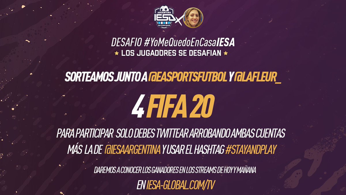¡SORTEAMOS 4 FIFA 20! 🔥

Junto a @EASPORTSFutbol y <a href="/LaFleur_/">.</a> estaremos sorteando 4 FIFA 20 para ustedes. 

Solo debés arrobar a las 3 cuentas y usar el hashtag #StayAndPlay.

Estaremos dando a conocer los ganadores en los streams de hoy y mañana en iesa-global.com/tv.
