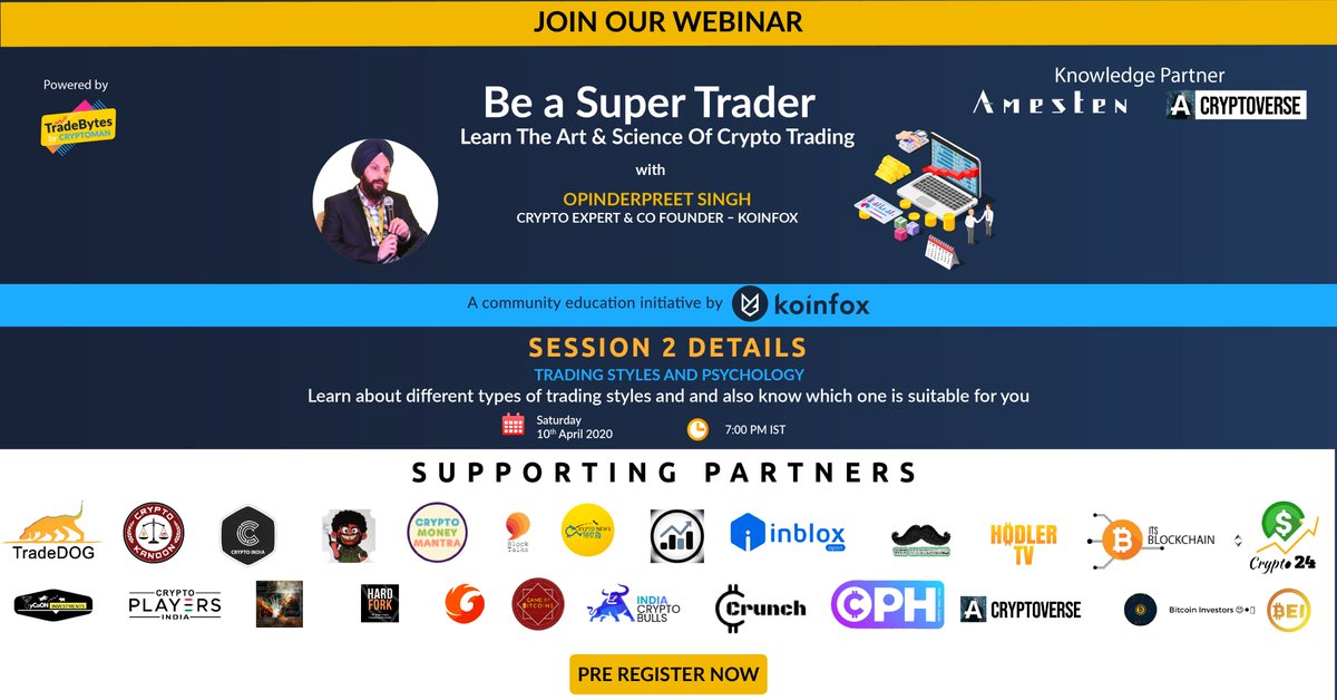 koinfox's tweet photo. Introducing session 2 of our new Webinar Series for crypto traders. An initiative by Koinfox where you can learn the Art & Science of crypto trading with our Crypto Expert โ @opinderpreet
Our second session will be about different trading styles and psychology behind them. https://t.co/REEdokgE18