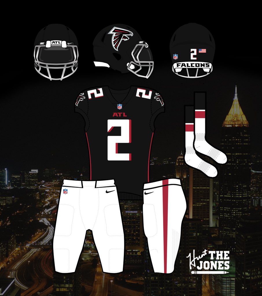 The Black Jersey.It’s actually really good, and a well done modernization of the throwback. Just make the “ATL” smaller on the chest and it’s perfect.All black looks great, as does black on white. Not much to change with this one. #Falcons  #RiseUp