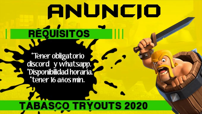 Tabasco Esports (@esportstabasco) on Twitter photo ¡TRYOUTS! #TABASCO🎮
#CLASHROYALE
Con mira en competencias este 2020 y el objetivo de llevar a Tabasco a lo más alto.
¿Quieres formar parte de la selección?🧐
Tryouts
día 1
10-04-2020
Contáctanos vía MD para más INFORMACIÓN 📩
<a href="/AztecLeague/">Aztec League</a>
@CEM_GG ¡TRYOUTS! #TABASCO🎮
#CLASHROYALE
Con mira en competencias este 2020 y el objetivo de llevar a Tabasco a lo más alto.
¿Quieres formar parte de la selección?🧐
Tryouts
día 1
10-04-2020
Contáctanos vía MD para más INFORMACIÓN 📩
<a href="/AztecLeague/">Aztec League</a>
@CEM_GG