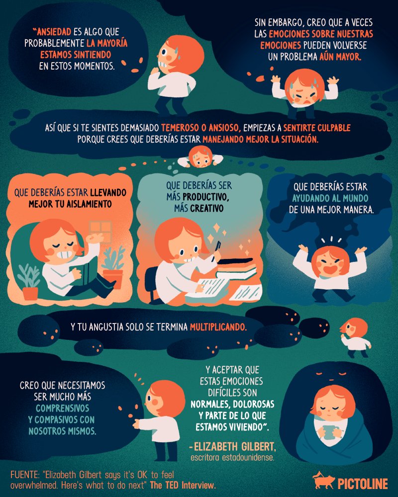 pictoline's tweet photo. Durante esta crisis, algunos se han sentido culpables por no manejar "mejor" el aislamiento.
Pero para la escritora Elizabeth Gilbert, es importante ser mucho más comprensivos con nosotros mismos 😌 https://t.co/hTFx4QLb4Q