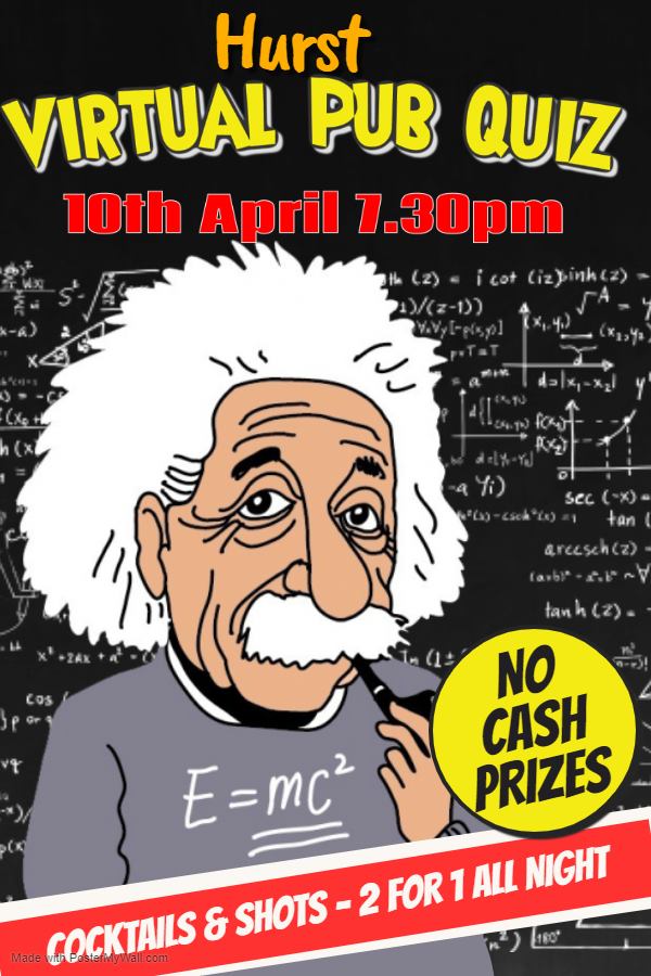 partyparkhurst's tweet photo. Friday 10th April Hurst’s first virtual pub quiz. https://t.co/fXXs7TesJU https://t.co/Squ0cYOjft