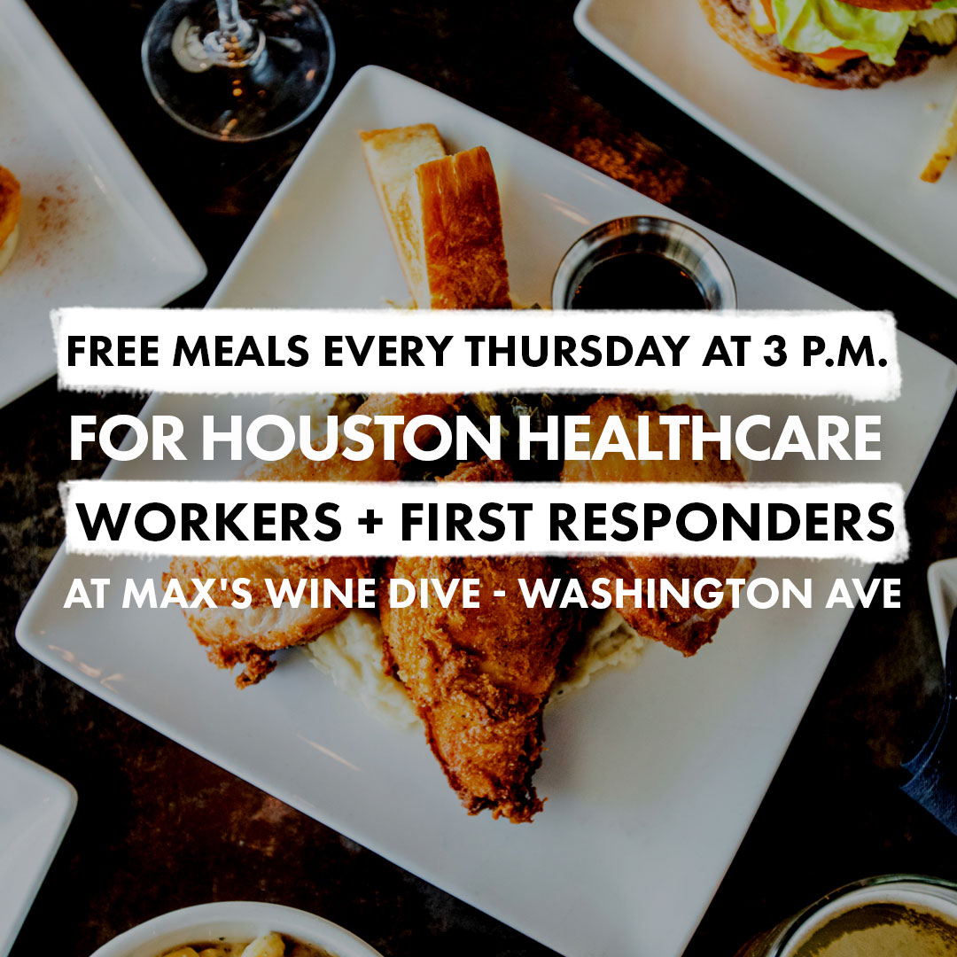 MaxsWineDiveTX's tweet photo. And the FREE meal for tomorrow is 🥁… our FAMOUS crispy fried chicken! 🍗 Please provide proof with an employment ID. First come first serve until we run out! RT and tag a healthcare worker or first responder. We’re ready to feed our Houston frontline workers!! https://t.co/ROeBfl3sNI