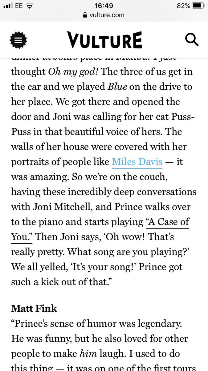 Here’s Wendy recounting the time Prince introduced her to JM on her 20th birthday & a further time when they went to JM’s Malibu home for dinner & Prince played his version of “A Case of U” - read the Vulture snapshots below for Joni’s reaction