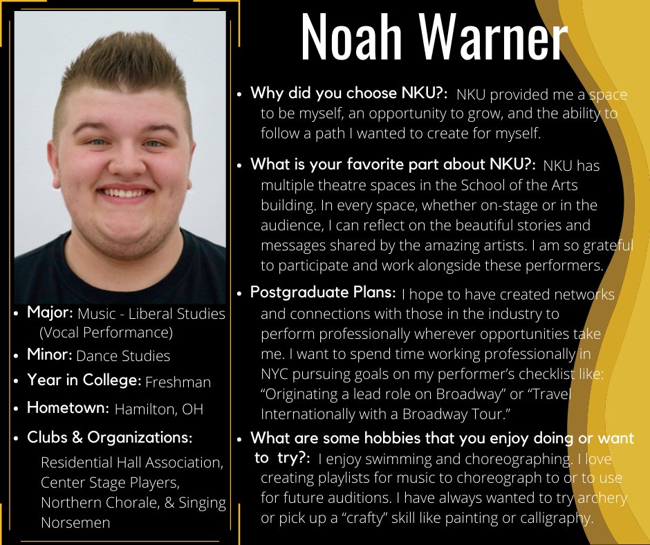 NKUArtSci's tweet photo. CAS Student Spotlights continue!

Meet Noah Warner! Learn why NKU means so much to him!

#NKU #CAS #ArtsandSciences #CASstudentspotlights #SOTA #NKUSOTA #music #vocalperformance https://t.co/Ek862Tp6RX