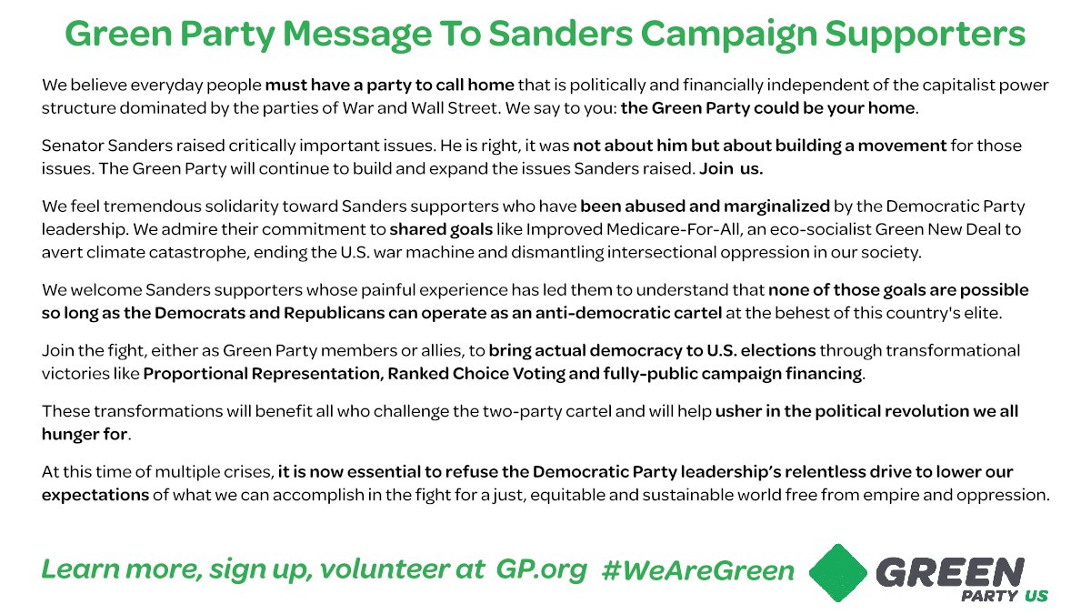 A message from the Green Party to #Bernie Sanders campaign supporters #DemExit #WeAreGreen 🌻