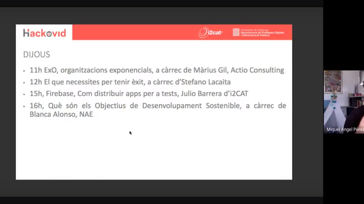 Com cada vespre <a href="/maperez1977/">MAP</a> ens fa una pinzellada del que farem demà: 

☑️Parlarem d’organitzacions exponencials amb <a href="/MGMMarius/">Marius Gil</a>
☑️<a href="/StefanoLacaita/">Stefano Lacaita</a> ens explicarà què necessitem per tenir èxit
☑️<a href="/jbar3640/">logoff</a> farà una sessió sobre Firebase
☑️Parlarem d’ODS amb <a href="/Nae_es/">Nae</a> 

#Hackovid